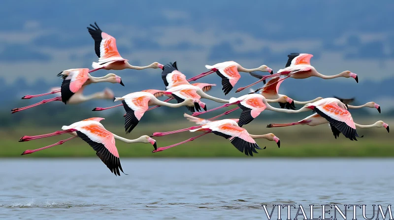 Pink Flamingos Flying Over Water AI Image