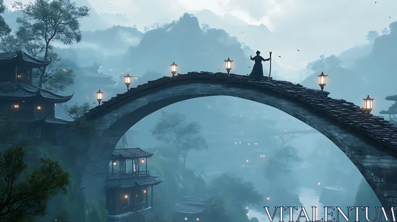 AI ART Misty Asian Village with Lit Bridge