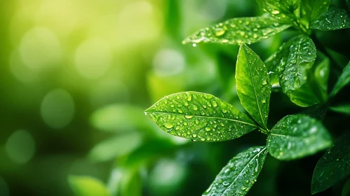 Fresh Dew on Green Leaves Against Bokeh Background