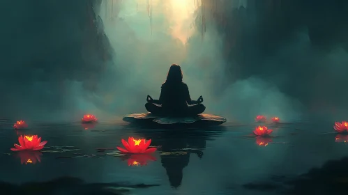 Meditative Silhouette on Water Lilies