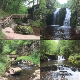 Peaceful Forest Waterfall with Stream and Wooden Bridge