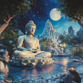 Meditative Buddha Statue by Moonlight