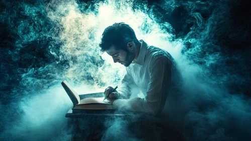 Mystical Writer Surrounded by Smoke