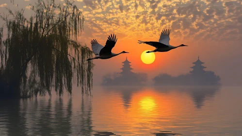 Sunset Flight of Cranes Over Water