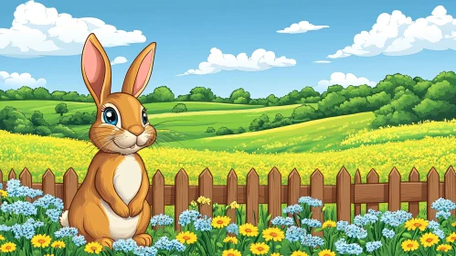 Charming Bunny Illustration with Wildflowers