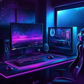 Neon-Lit Gaming Setup with Dual Monitors