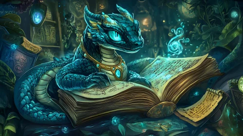 Teal Dragon Reading a Book