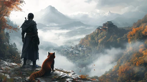 Misty Mountains Landscape with Fox