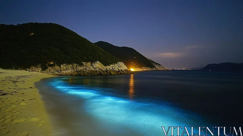 AI ART Nighttime Beach with Bioluminescent Waves