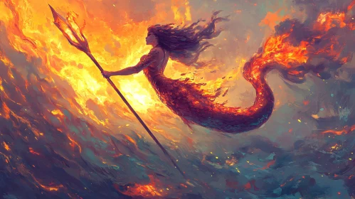 Mythical Mermaid Wielding Trident in Fiery Waters