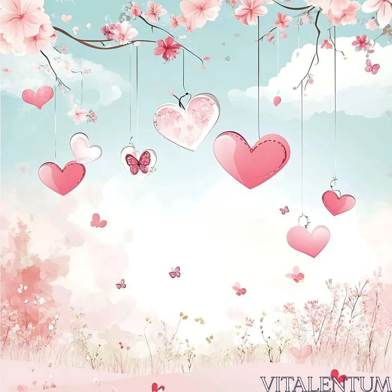 Pink Hearts and Blossoms Dreamy Art AI Image