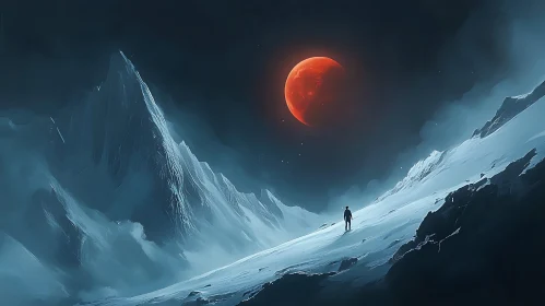 Lunar Ascent: Silhouette Under Red Moon