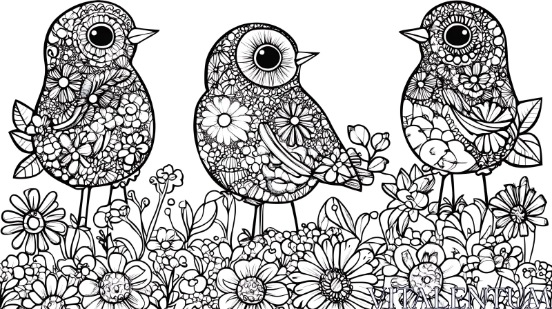 Birds and Flowers Line Art AI Image