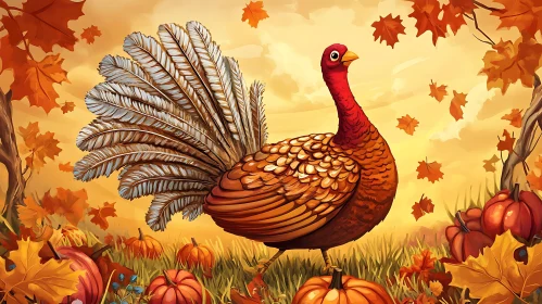 Autumnal Turkey Illustration with Pumpkins