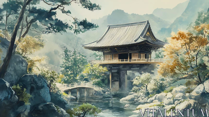 Watercolor Temple Landscape with Water Reflection AI Image