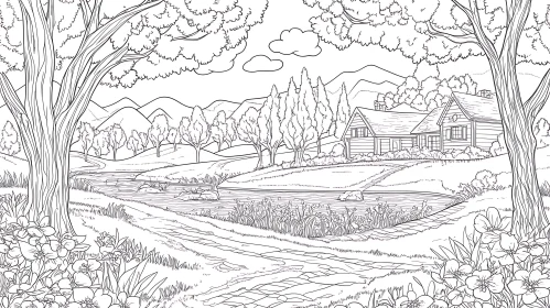 Detailed Landscape Line Drawing with Cabin