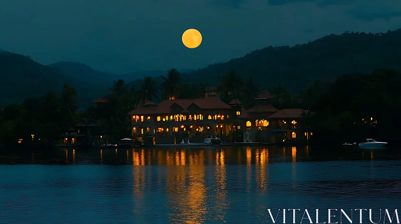 AI ART Building at Night with Moon Reflection