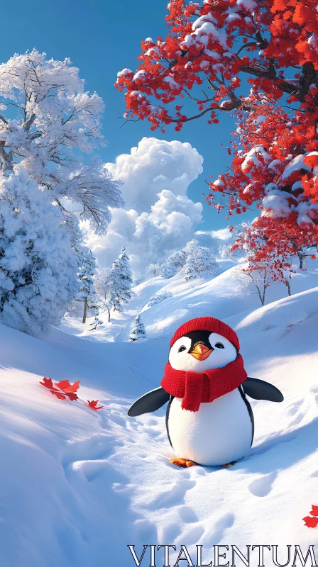 AI ART Snowy Penguin with Red Accessories