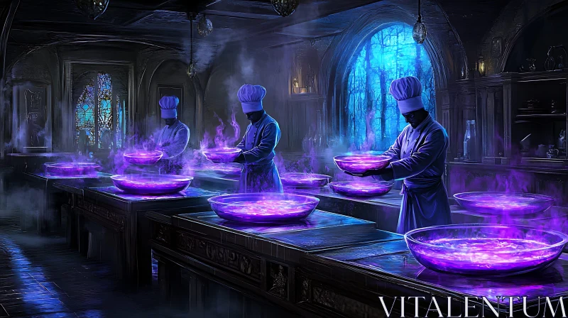 Fantasy Kitchen with Glowing Purple Bowls AI Image