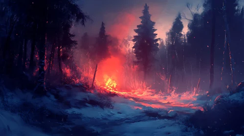 Nighttime Wildfire in Forest