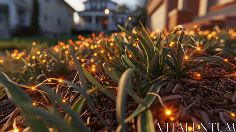 Close-up of Flower Bed with Orange Lights | Green Grass | Sunset Shadows AI Image