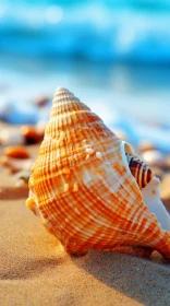 Conch Shell on Sandy Beach with Naturalistic Ocean Waves
