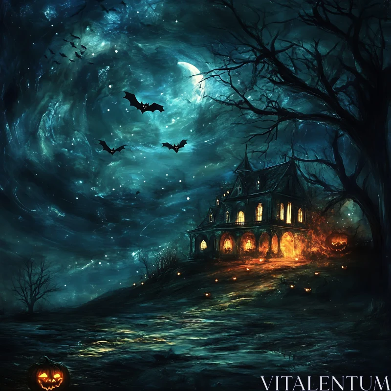 AI ART Spooky Halloween Night with Bats