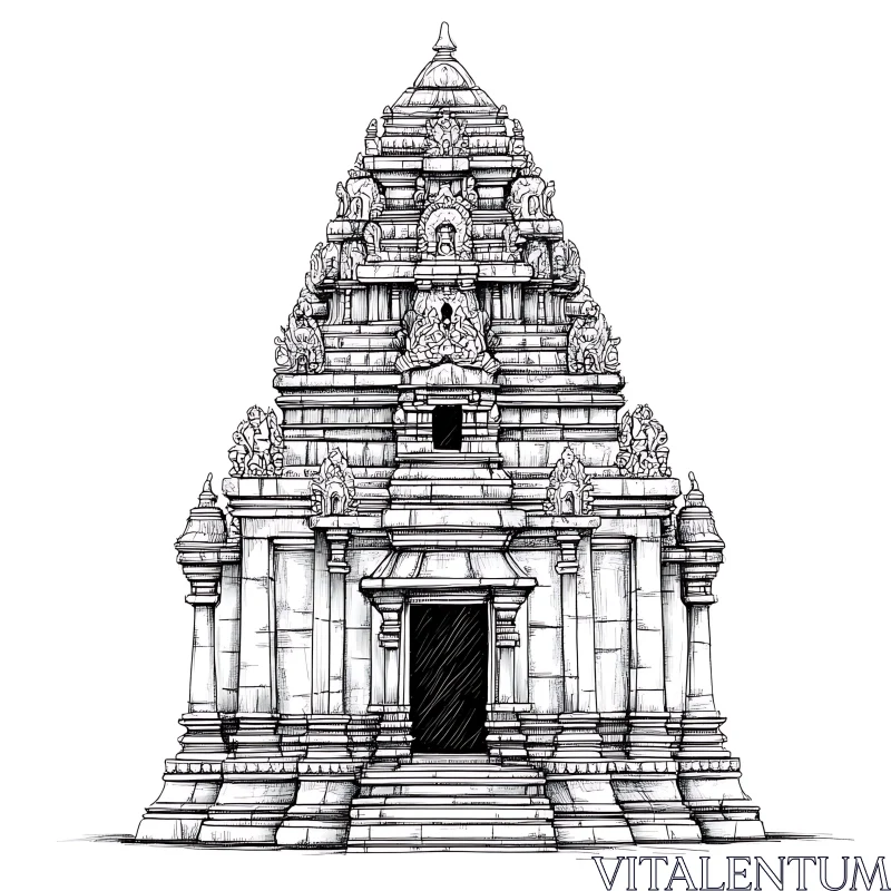 Monochrome Temple Architectural Drawing AI Image