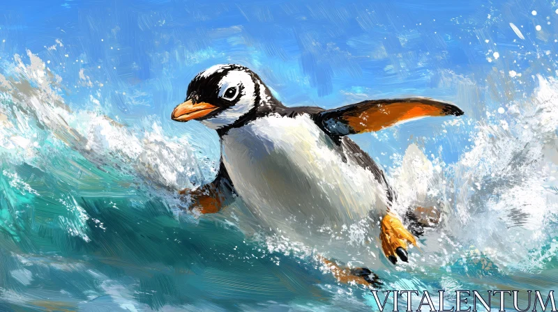 Splashing Penguin in Ocean Art AI Image