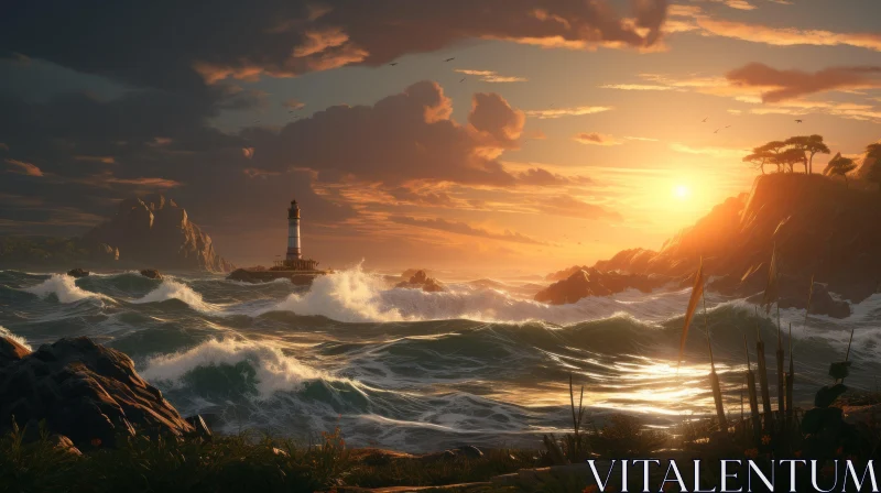 Enthralling Sunset Lighthouse Scene Amidst Stormy Seas AI Image