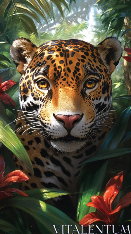 Jaguar Amidst Jungle Leaves AI Image