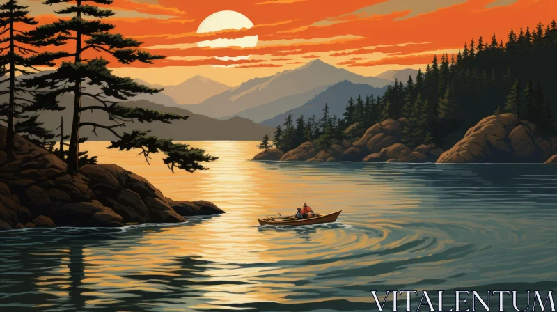 Man on Lake at Sunset: A Vintage Poster Design Inspired Painting AI Image