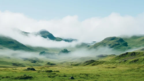 Misty Mountains and Grassy Fields: A Tranquil Scottish Landscape
