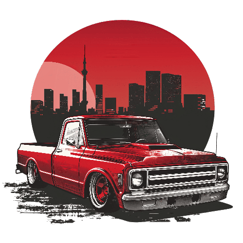 Red Pickup Truck and Cityscape at Sunset - Retro Urban Art POD Design