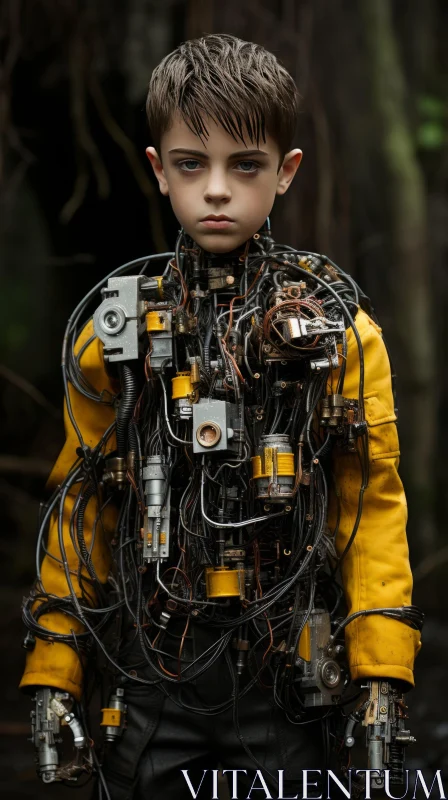 Robotic Boy in Atmospheric Forest - Intricate Assemblages AI Image