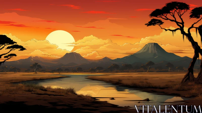Serenity at Sunset: An Exotic Landscape in Colored Cartoon Style AI Image