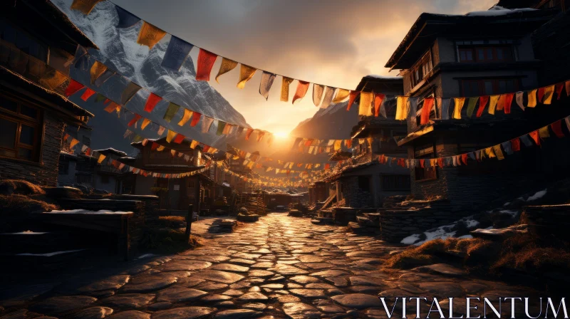 Snowy Mountain Village with Flags Illuminating the Pathway AI Image