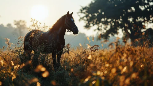 Tranquil Landscape with Majestic Horse in Golden Field