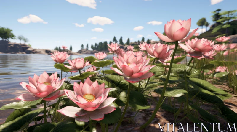 Unreal Engine 5 Render of Pink Lotus Flowers by the Water AI Image