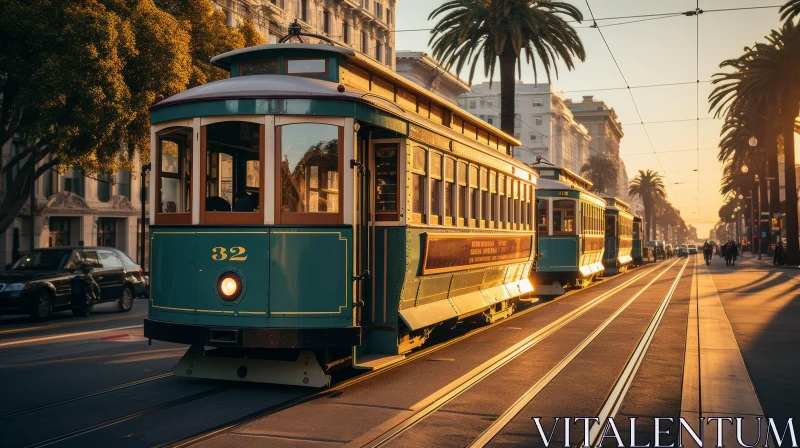 Vintage Trolley Car in Golden Lit San Francisco Cityscape AI Image