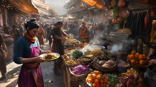 Lively Street Market with Food Stalls