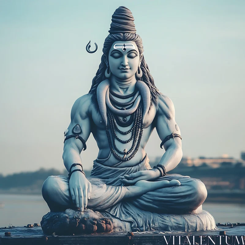 Meditative Shiva Sculpture in Tranquil Setting AI Image