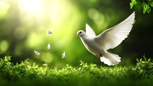 White Dove Flying in Green Nature