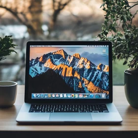 Mountain Landscape on Laptop Screen in a Green Workspace