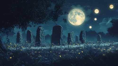 Standing Stones in Moonlight Field