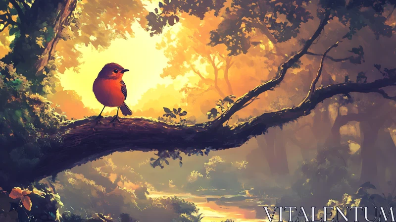 Bird on Branch in Forest Scene AI Image