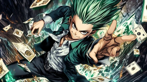 Green-Haired Anime Character with Playing Cards