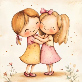 Two Cartoon Girls Embracing Art