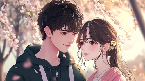 Romantic Anime Art: Couple Under Cherry Blossoms