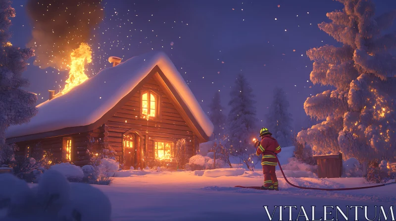 Nighttime Cabin Fire in Snow with Firefighter AI Image